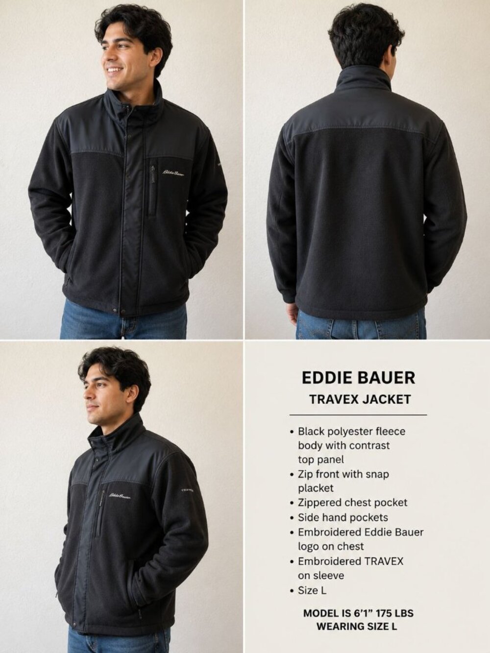 Eddie Bauer Travex jacket black polyester fleece body contrast top panel zipper